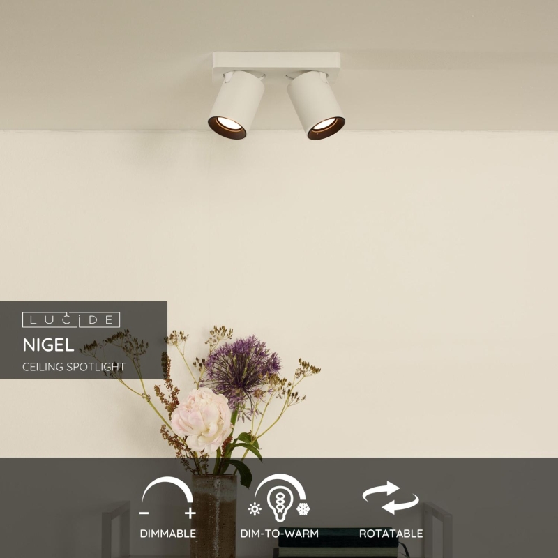 Lucide NIGEL - Stropné bodové svietidlo - LED Dim to warm - GU10 - 2x5W 2200K/3000K - White